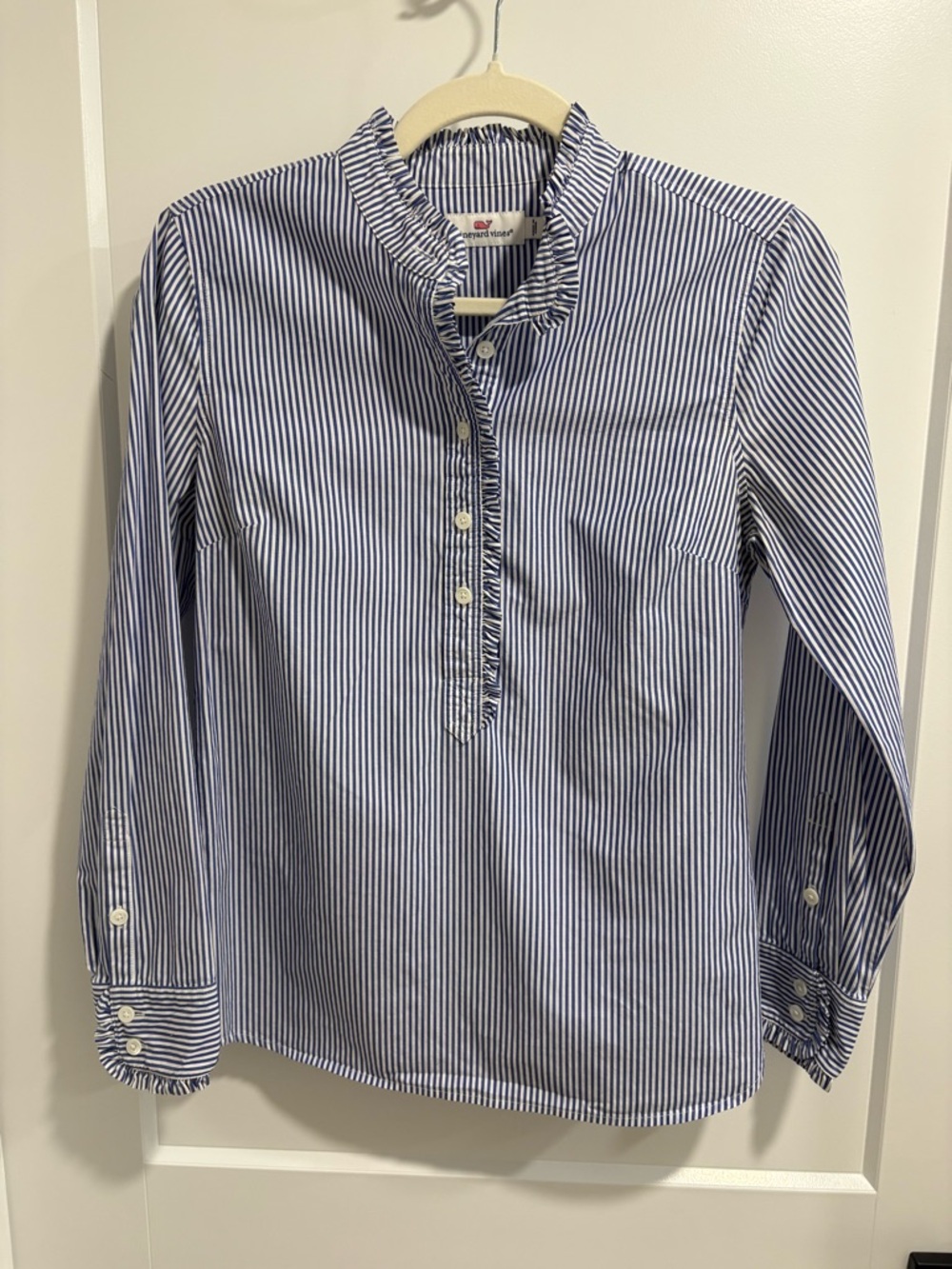 Vineyard Vines Blue and White Striped Ruffle Henley